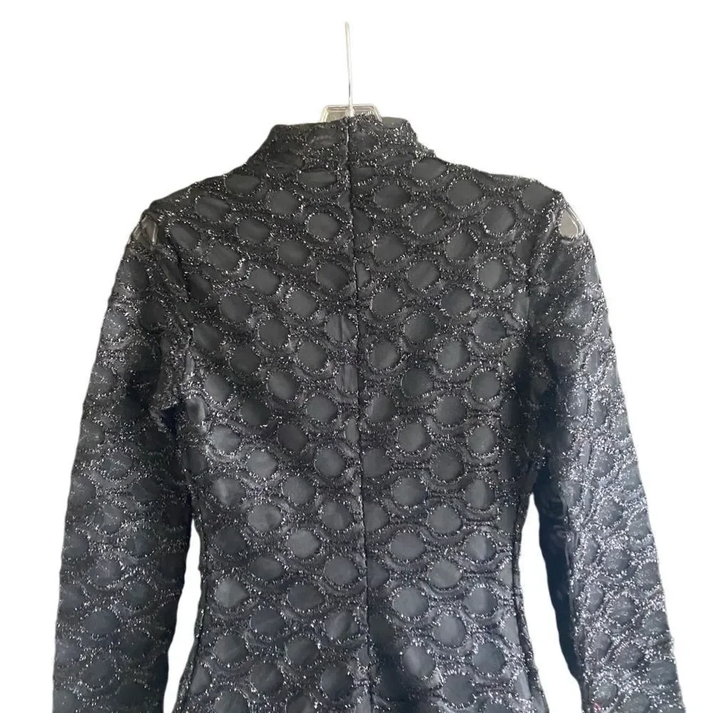 New CBR Black Fitted Festive Party Dress. Sparkly Flocked Fabric Over Lace. M